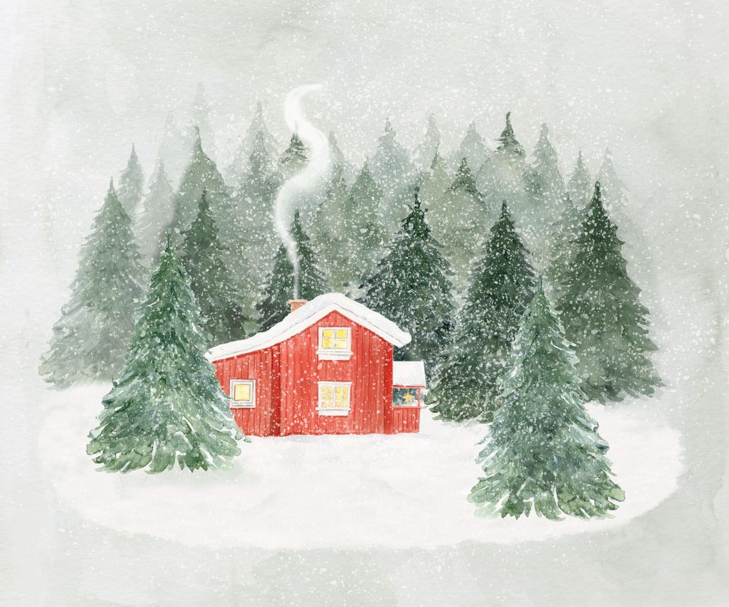 Watercolor illustration of a cozy winter cottage, Aquarellillustration einer Hütte im Winterwald