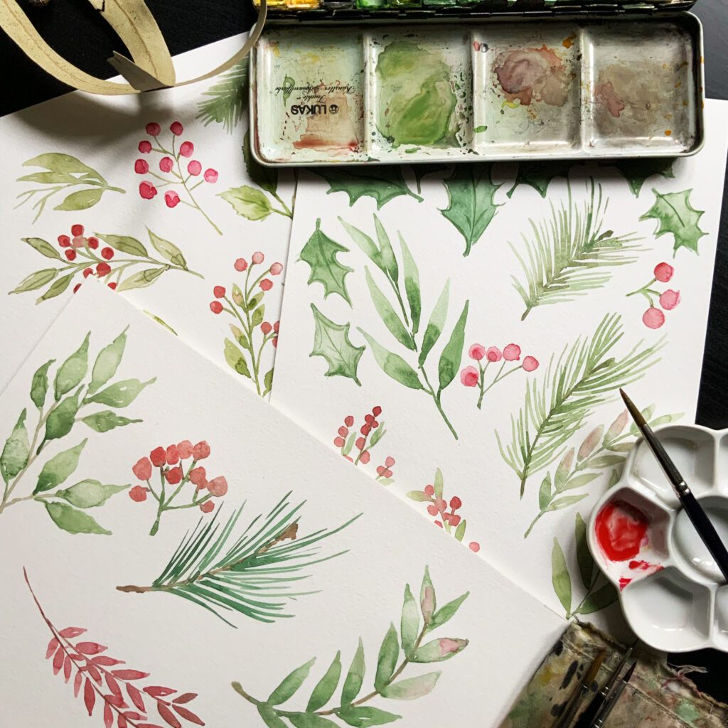 Aquarell von Beeren und Wintergrün, watercolor illustration of winter greens